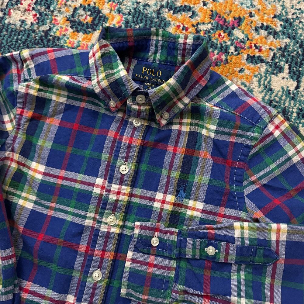 POLO Ralph Lauren Boys Plaid‎ Cotton Oxford Shirt Size Small 8